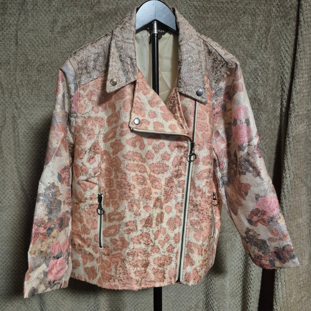 Multiples Womens Metallic Brocade Moto Jacket Pink Floral Leopard L